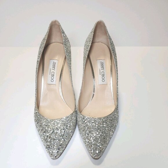 Jimmy Choo Romy Stilletto 85/100mm Champagne Glitter Pointed-Toe Pump - Picture 6 of 16
